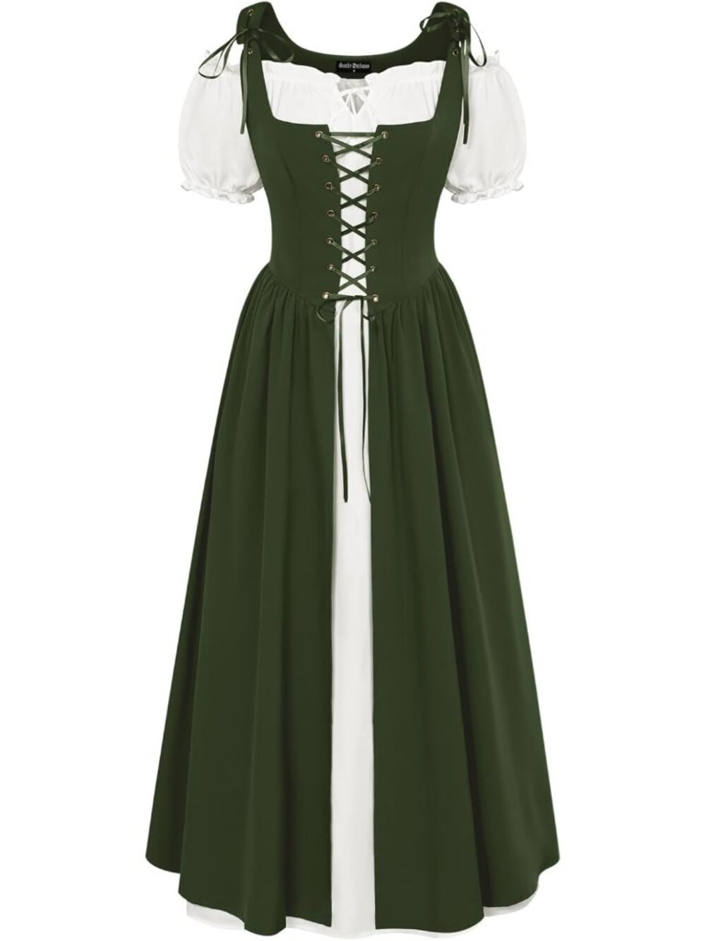Women's Olive Green Short Sleeve Peasant Medieval Pockets Maxi Costume Dress